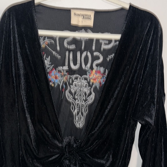Savanna Jane NWT Gypsy Soul Black Velvet Embroidered V Neck Tie Front Crop Top L - Picture 3 of 9